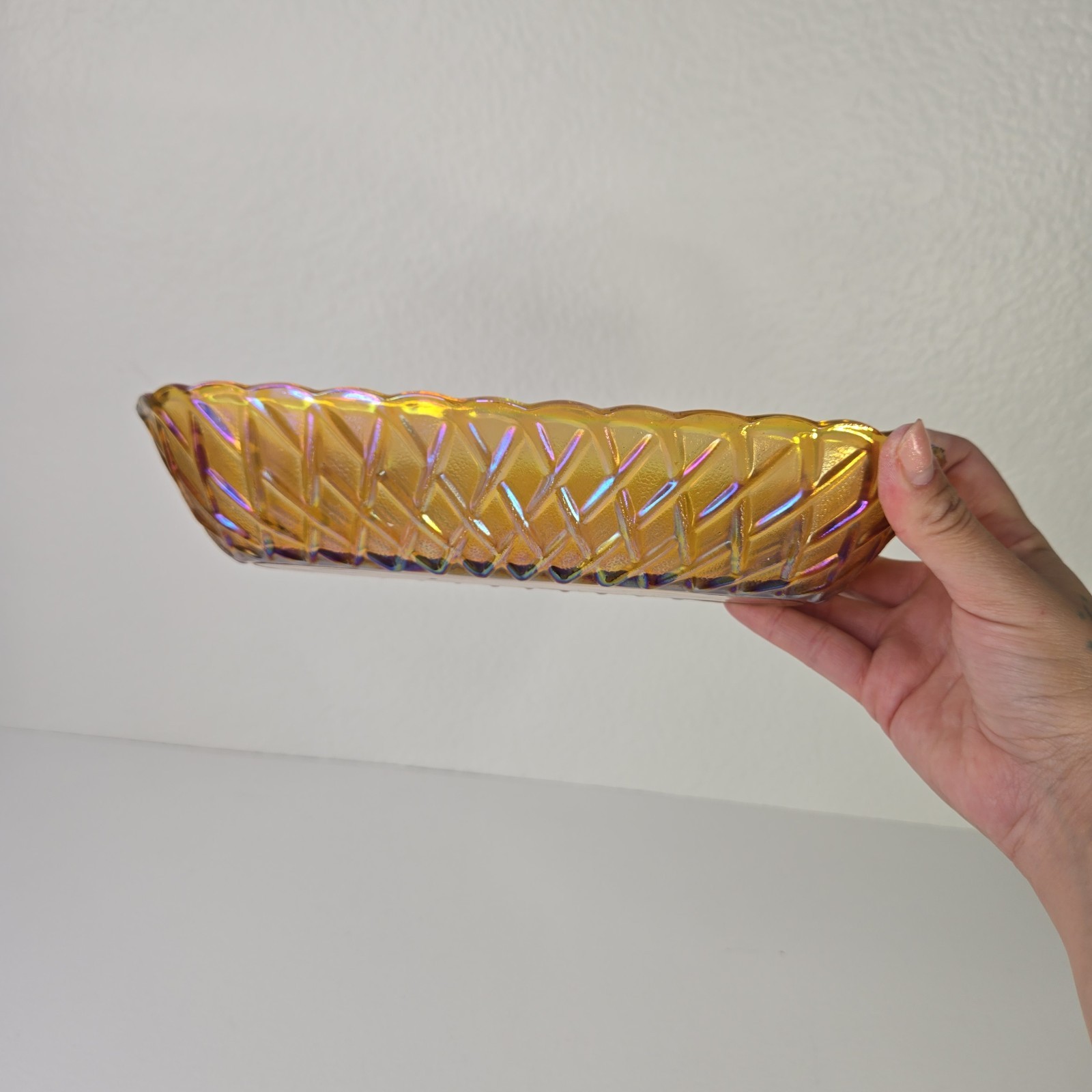 Vintage INDIANA Glass Amber Marigold Oblong Basket Weave Pattern Relish Dish
