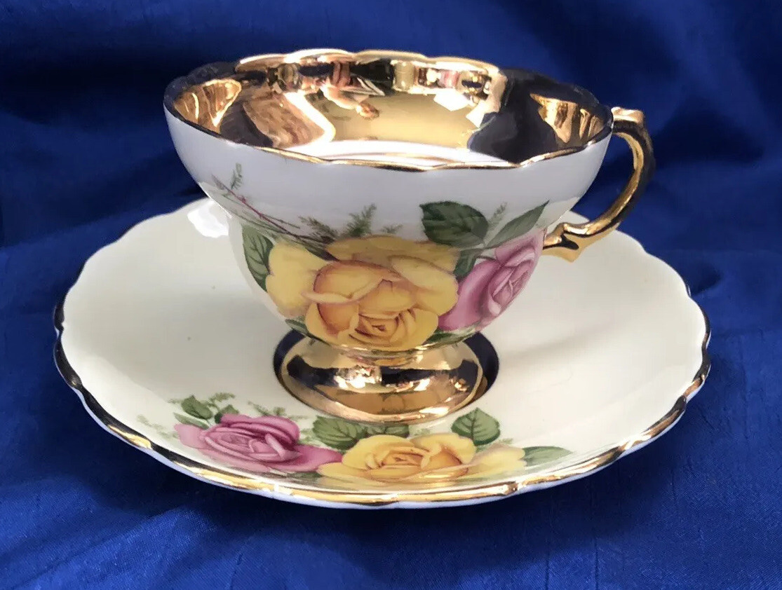 Rosina Bone China England Footed Tea Cup Saucer Cabbage Roses Gold #5198?/HR