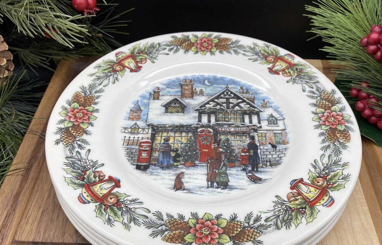NEW-Royal Stafford CHRISTMAS TOY SHOP 8.5″ Salad Plates Pine Border (SET OF 2)