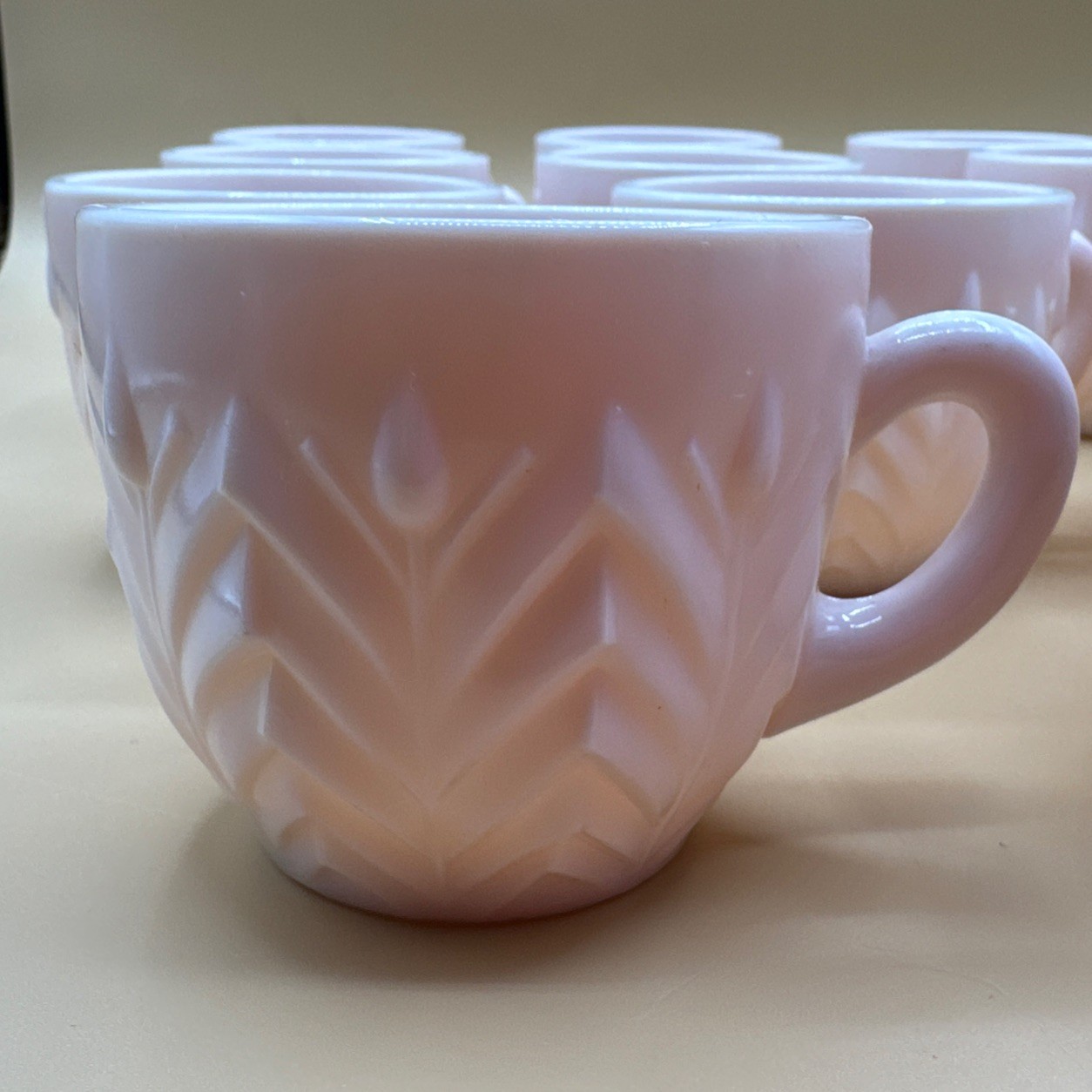 Jeannette Shell Pink Milk Glass Feather Pattern Set of 11 Mid-Century Modern