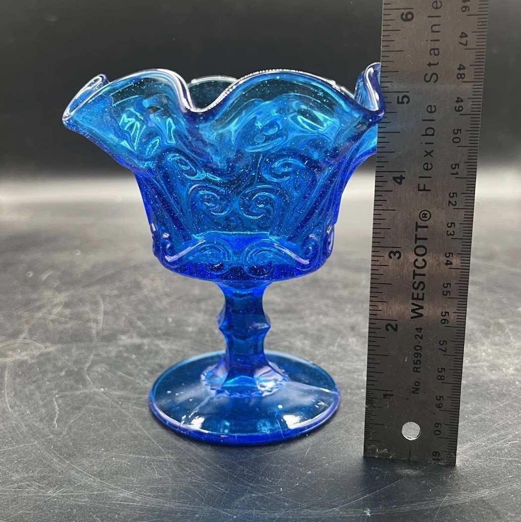 Atterbury Compote Bowl Blue Scroll Pattern Ruffle Edge Vintage