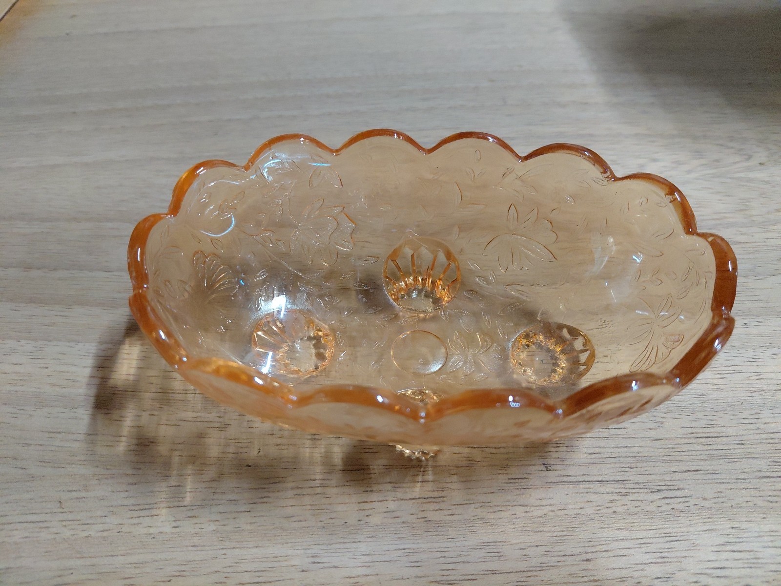 Vtg Amber Peach Luster Footed Candy Trinket Dish, Embossed Floral