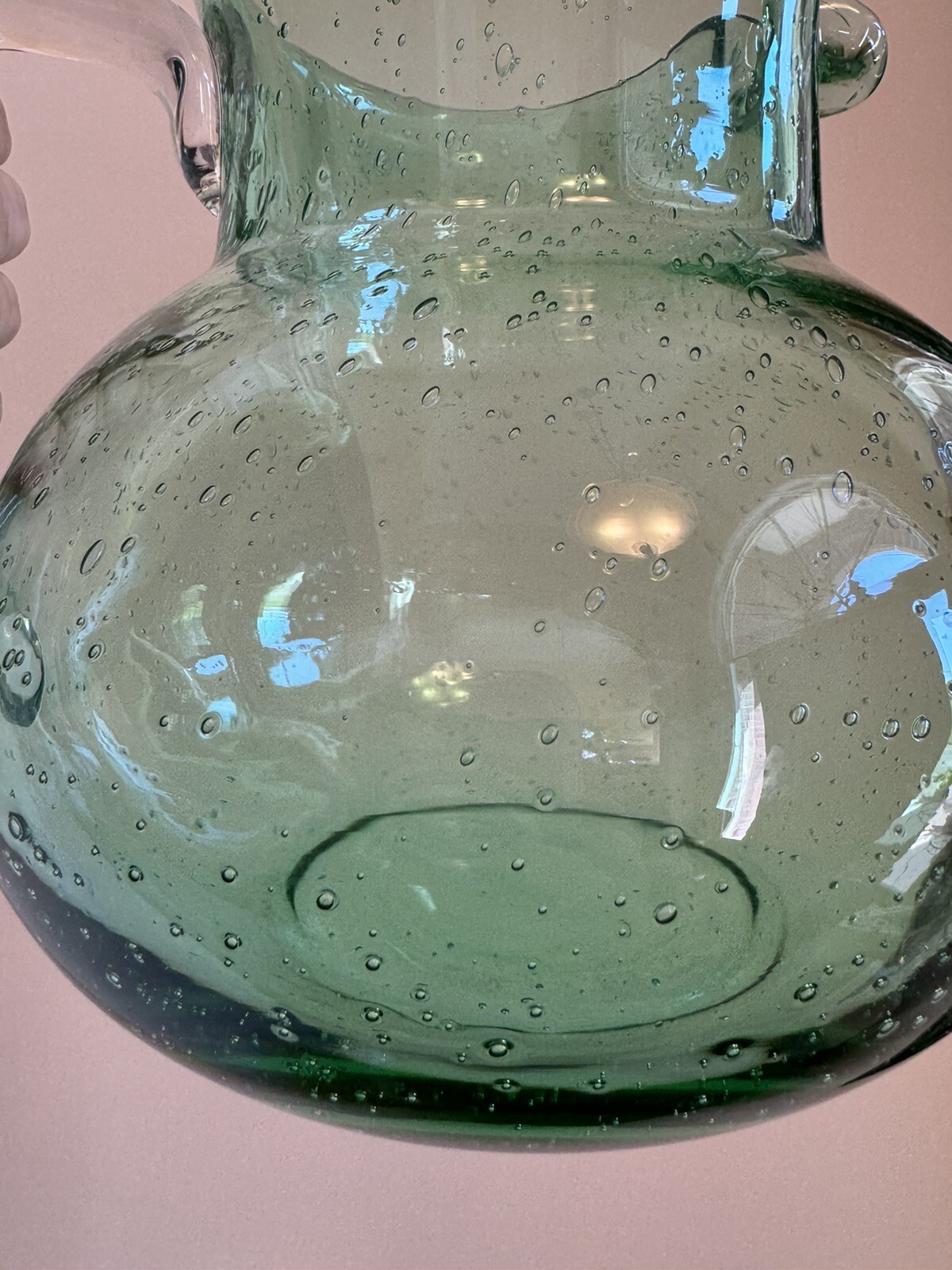 END 7/23 Large Hand Blown Green Bubble Glass Pitcher Heavy Applied Handle Seeded