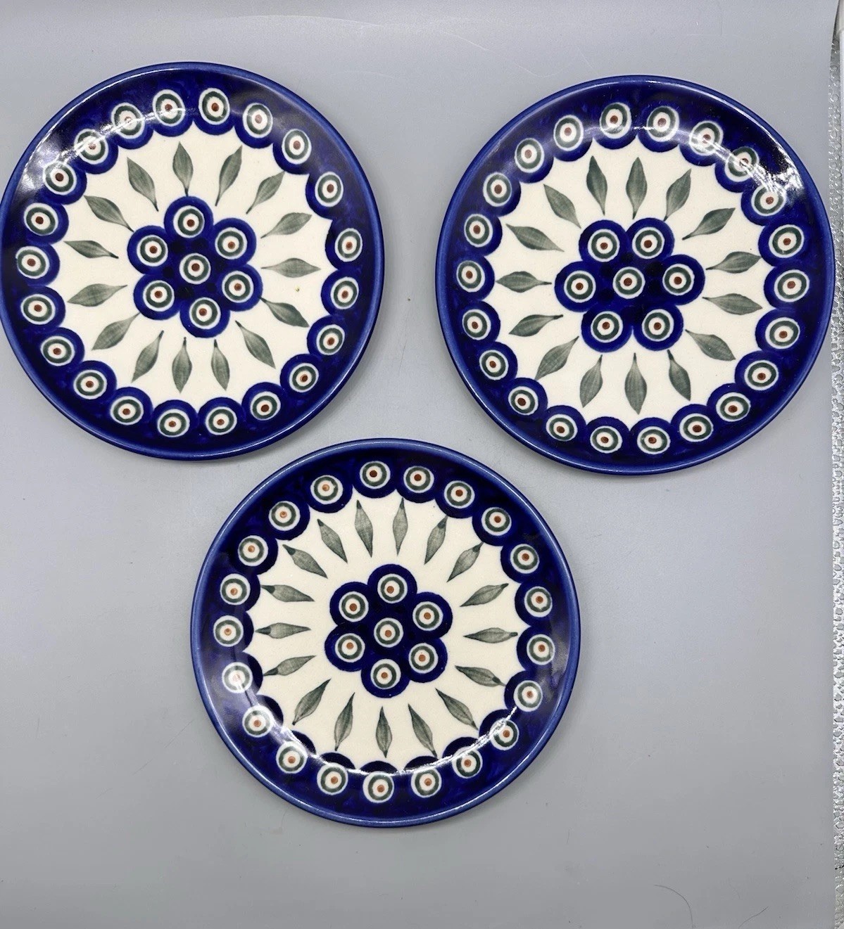 Polish Pottery Peacock Leaves Plate 6 1/2”Boleslawiec Set Of 3
