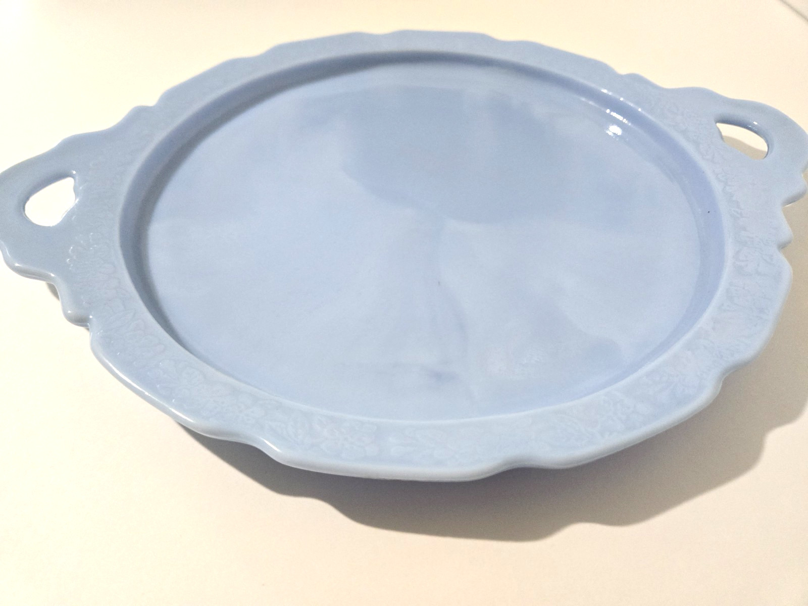 Vintage 1930s Jeannette Delphite Blue Glass Cherry Blossom Handled Tray Platter