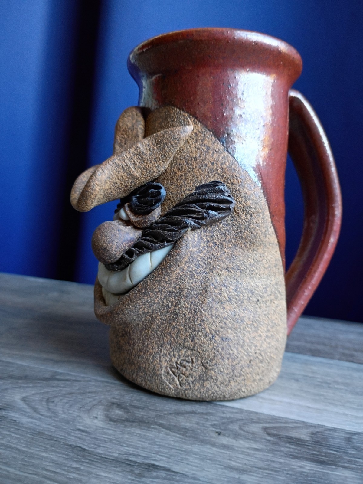MMS Mahone Cowboy Funny Face 3D Folk Art Pottery Stoneware Beer Mug Western