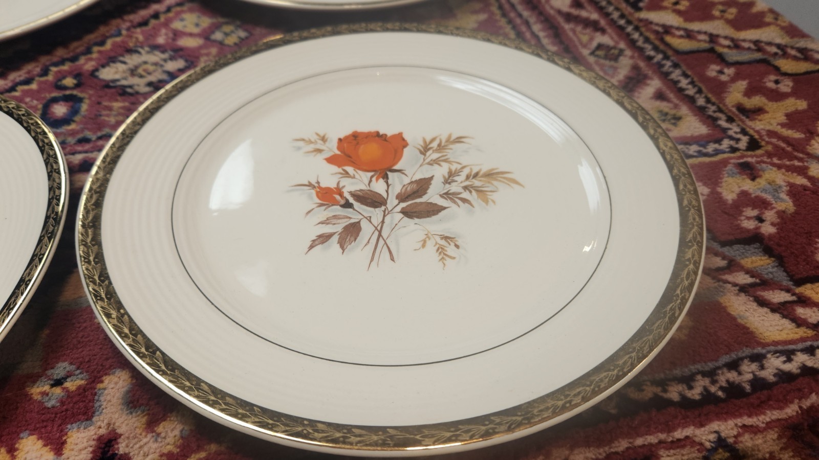 6 Triumph American Limoges-Vermillion Rose 9.25 Inch Plates Sebring Ohio 22k