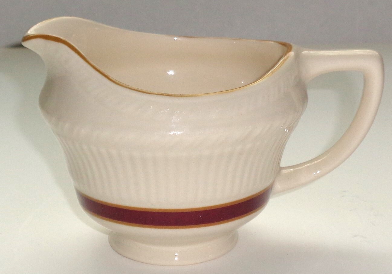 Shenango China Restaurant Ware Creamer Ribbed Maroon Band & Gold Trim