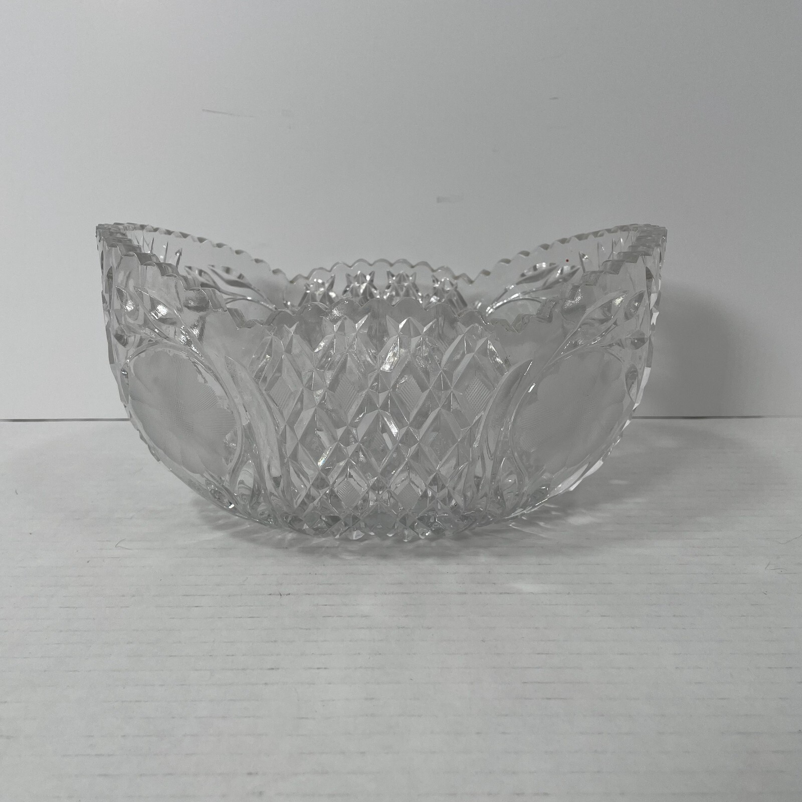 Brilliant Cut Glass Oval Bowl -Floral – 8 in. x 5.75 in. x 4.75 in. Sawtooth Rim