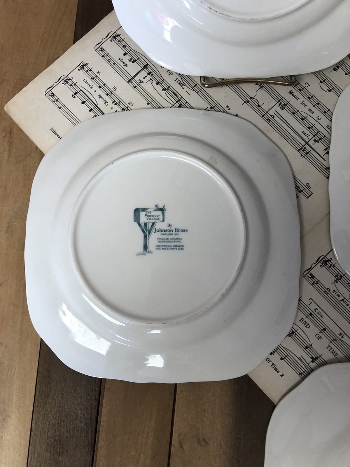 Johnson Bros The Friendly Village 4 Square Salad Plates 7.5″ Covered Bridge 1883