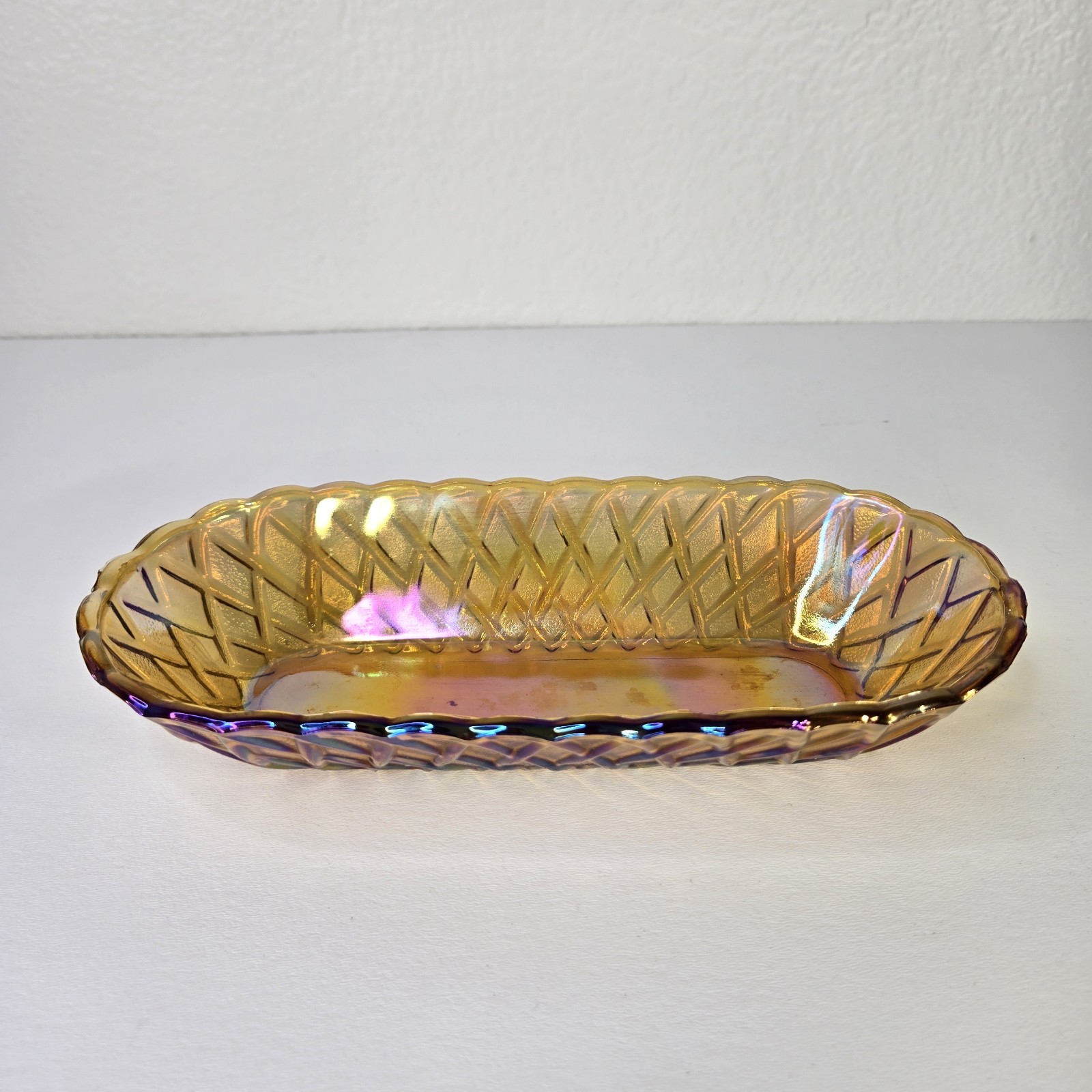 Vintage INDIANA Glass Amber Marigold Oblong Basket Weave Pattern Relish Dish