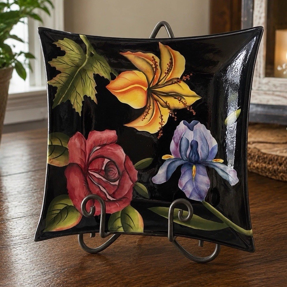 Pacific Rim Hand Painted Florabunda Square Serving Plate Black Ceramic 11” Decor