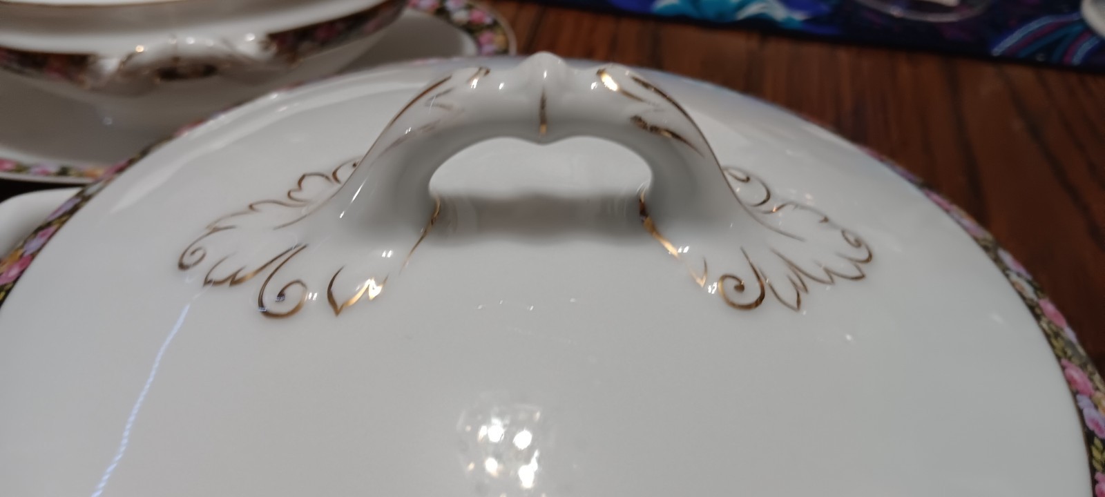 Antique Schwarzburg Germany – roses on black band gold trim