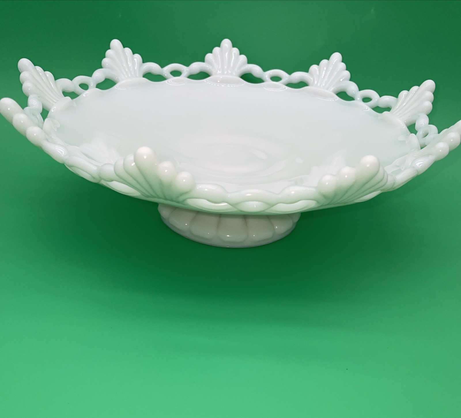 Milk Glass Pedestal Bowl 10” Lace Edge Pedestal Trim Vintage 3” Tall Fruit Dish