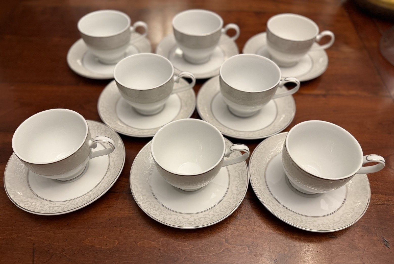 Set of 8 Mikasa Parchment Fine China Tea Cups & Saucers L3438 Silver Trim Japan