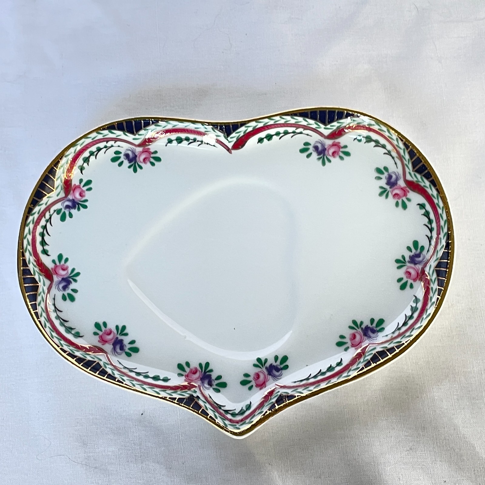 Vintage China Heart Shaped Coffee Cup & Saucer Cobalt Rim Rose Swags Gold Handle