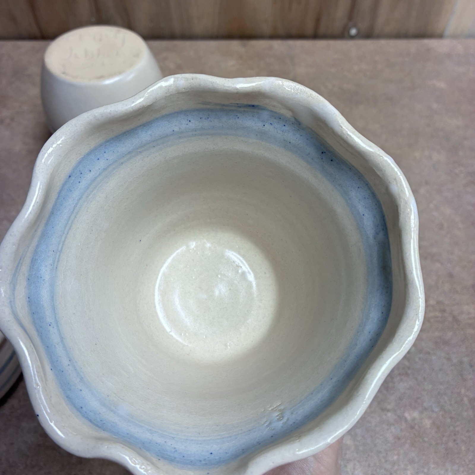 3 Pc Amy Tibbit Studio Art Pottery White Blue Rim Heart & Ripple Bowls & Pitcher