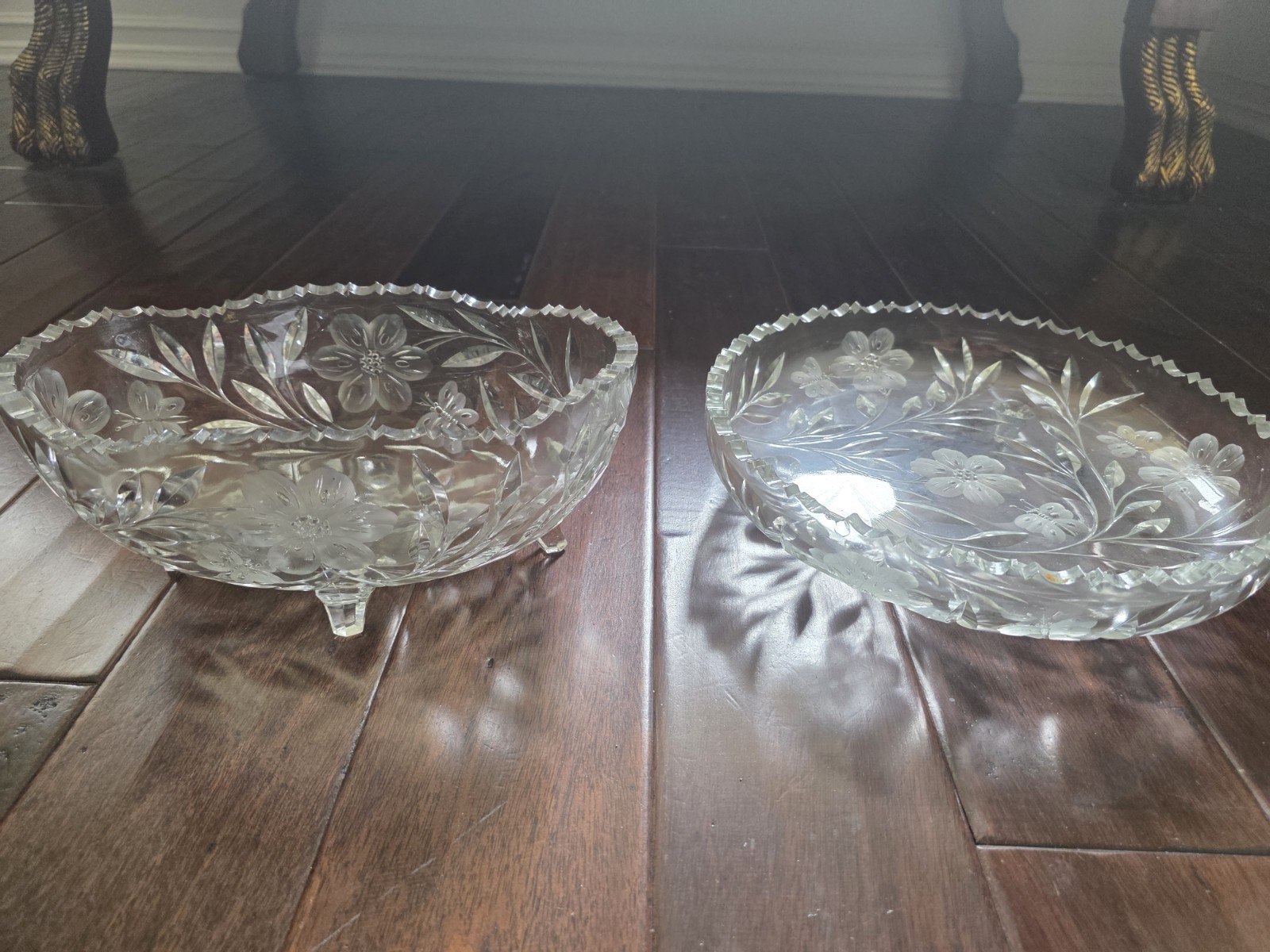 2-Piece Glass Floral And Butterfly Bowl Set, Footed Round & Oval Decorative