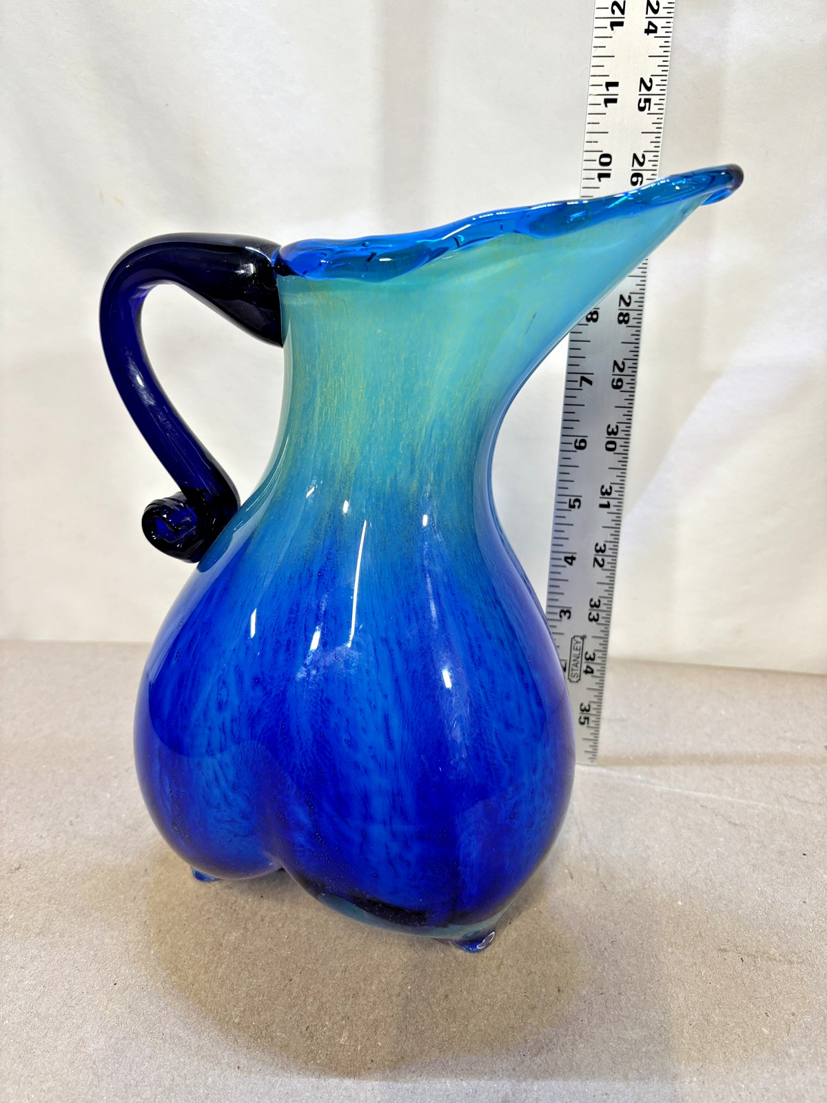 Hand Blown Murano 3 Sided Cased Cobalt Blue to Yellow Glass Pitcher