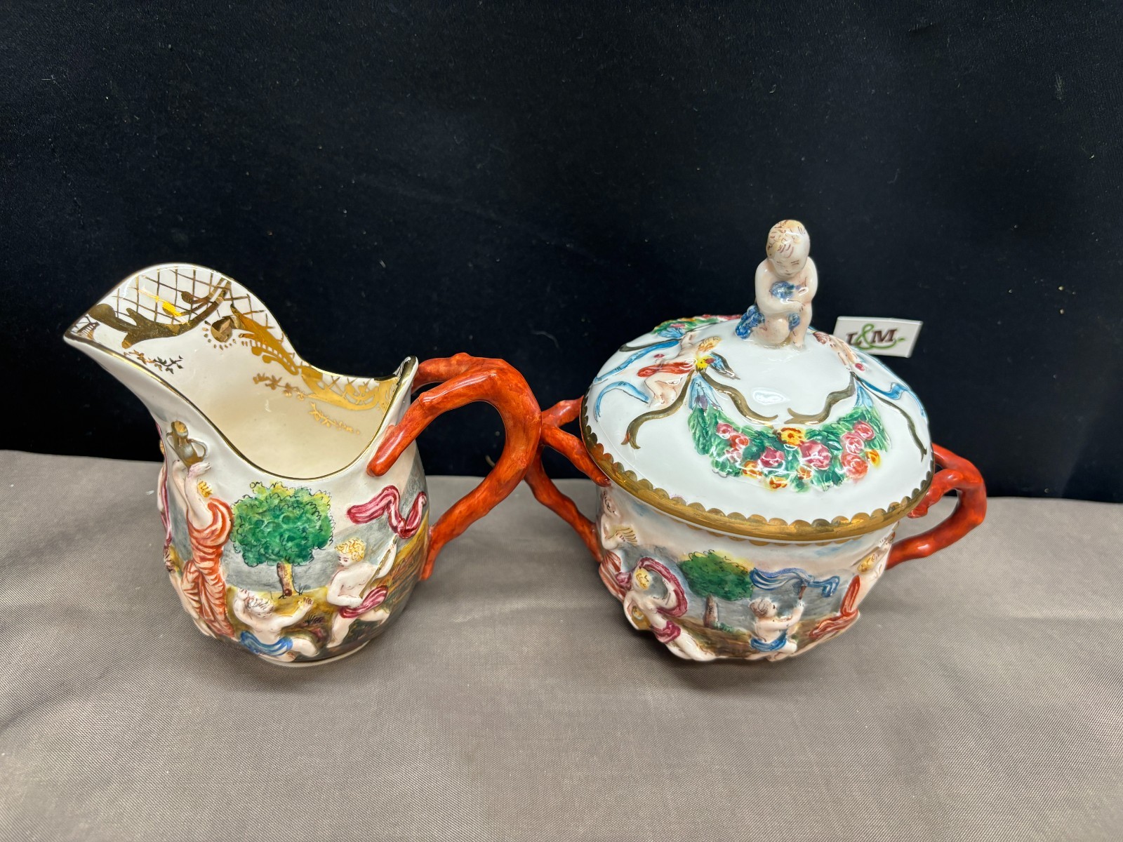 Capodimonte “CHERUBS” Antique Porcelain ~ Creamer & Sugar Bowl w/Lid (Italy)