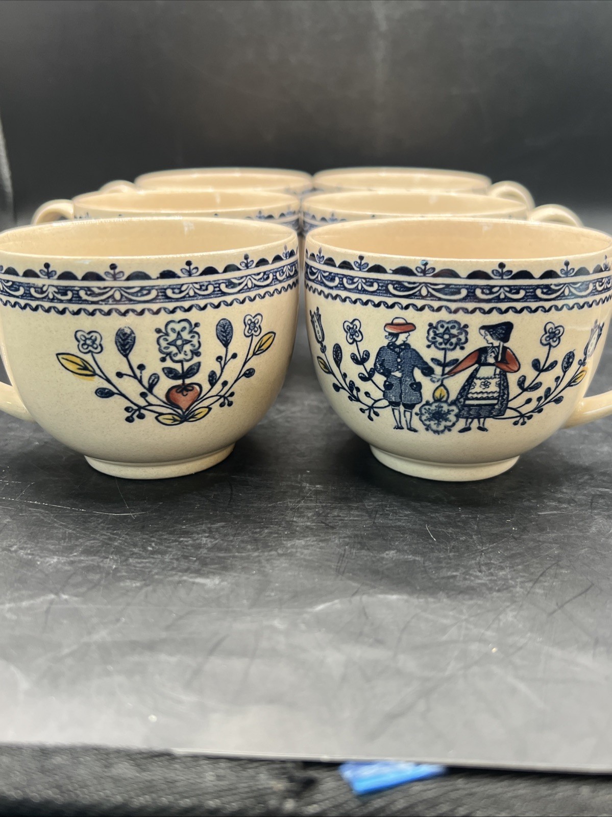 6 JOHNSON BROS Vtg Staffordshire Old Granite Hearts & Flowers Blue Grannycore