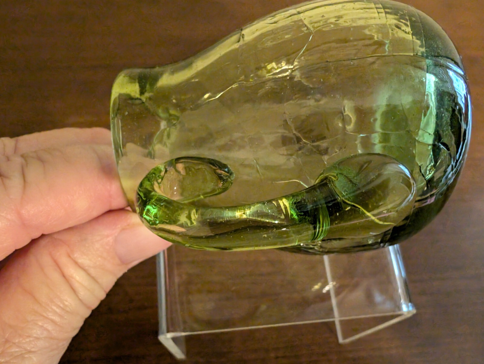 BLENKO Hand-Blown Crackle Glass Olive Green Mini Pitcher w Handle & Sharp Pontil