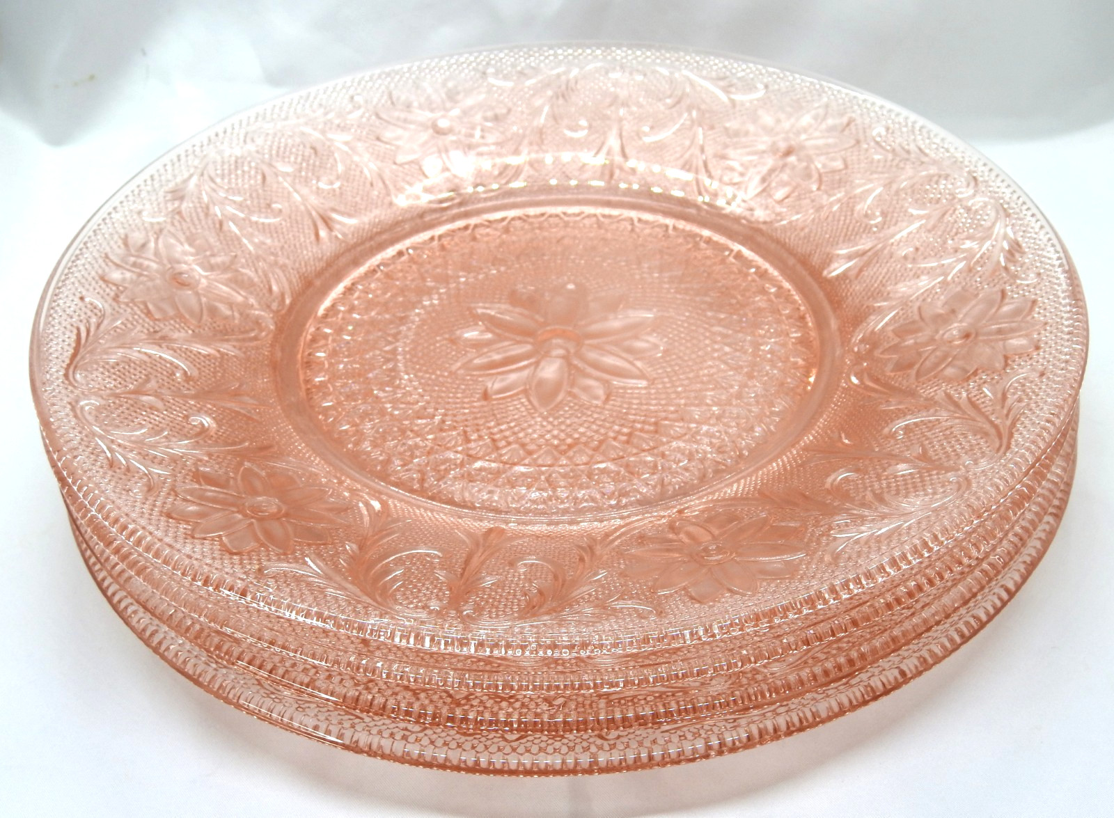 Set 4 Tiara PINK Sandwich Indiana Glass 10 3/8″ Round DINNER PLATES EUC