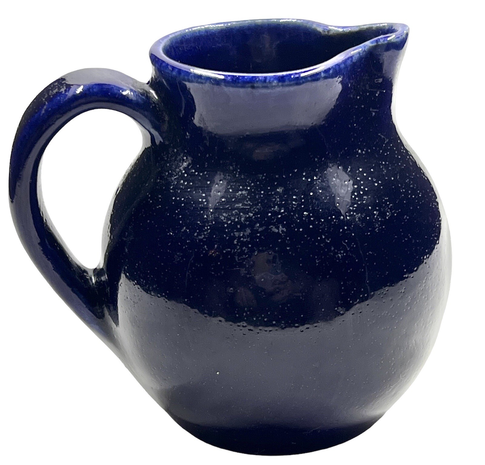 Vintage Art Pottery Creamer Deep Blue Glaze & Etched Ferns Stoneware 3.5” Signed
