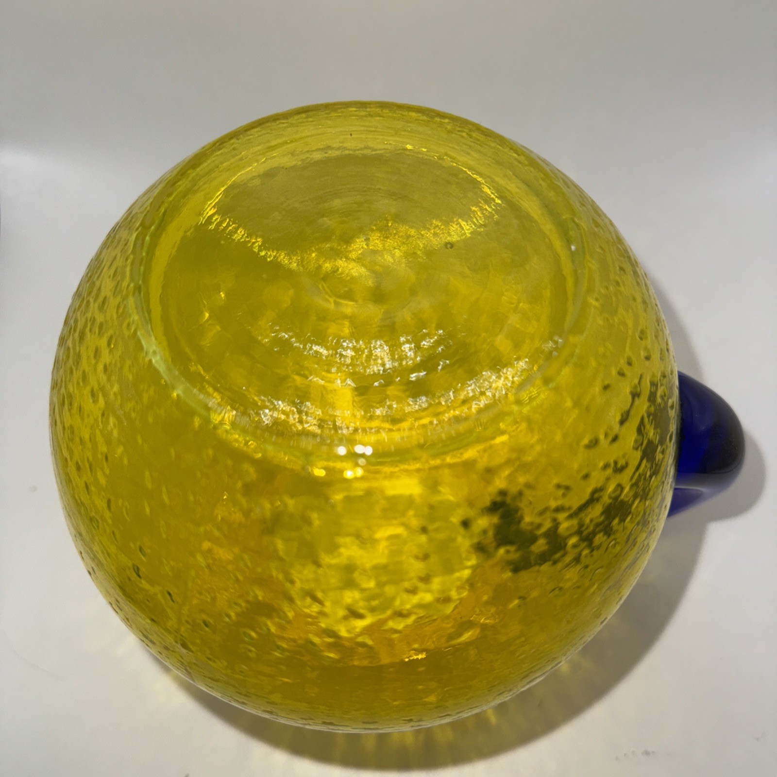 Lemon Yellow Glass Juice Pitcher w/Cobalt Blue Handle Bubble Texture 7”Hx 6”W