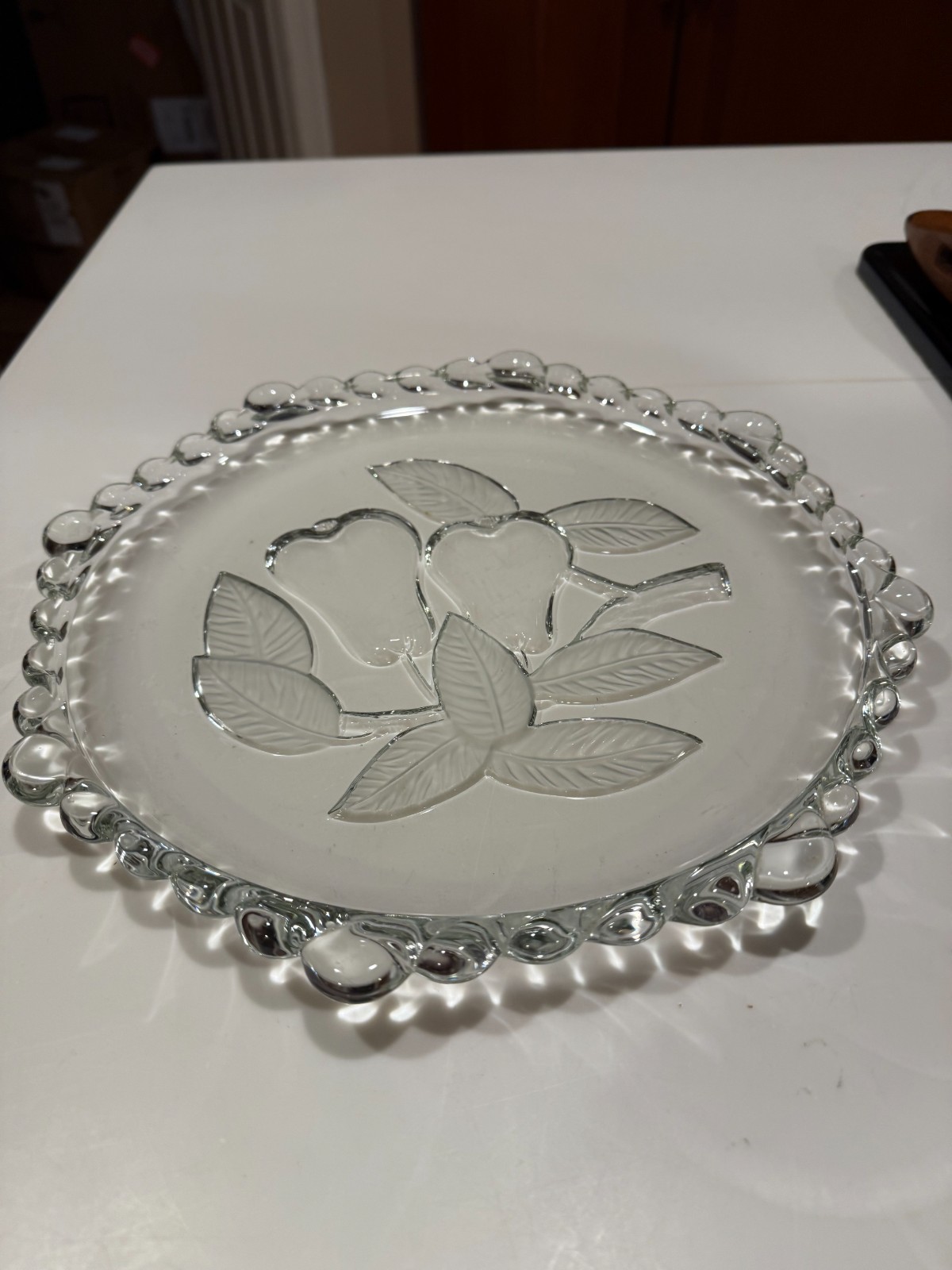 Cake Plate 13″D Frosted FRUIT AND Leaves SMALL GLASS BALLS RIM