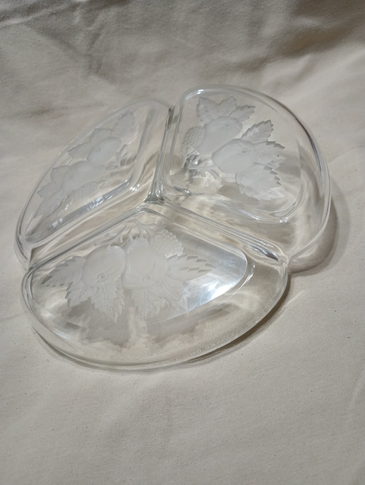 Imperial Glass 3 Section Glass Tray With Handle And Frosted Fruit And Leaves