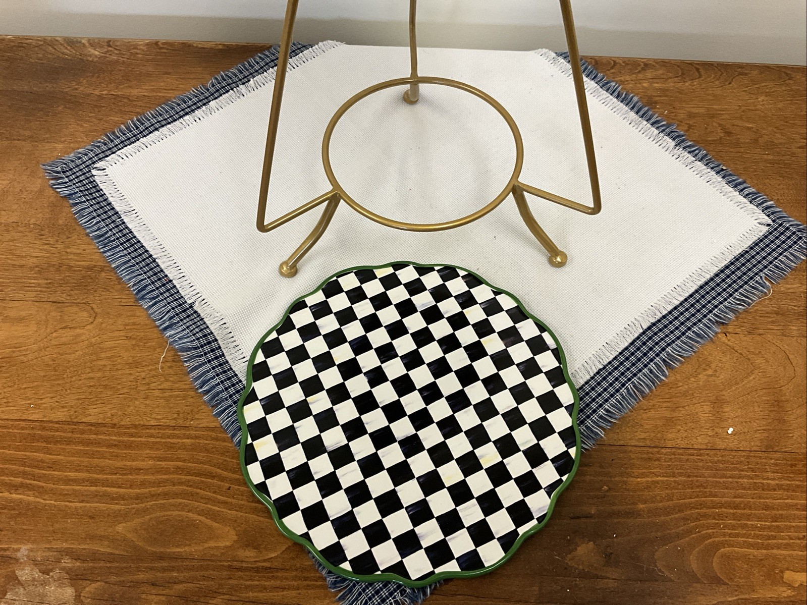 Mackenzie Childs Check It Out Three Tiered Plate Stand Tray Courtly NEW!