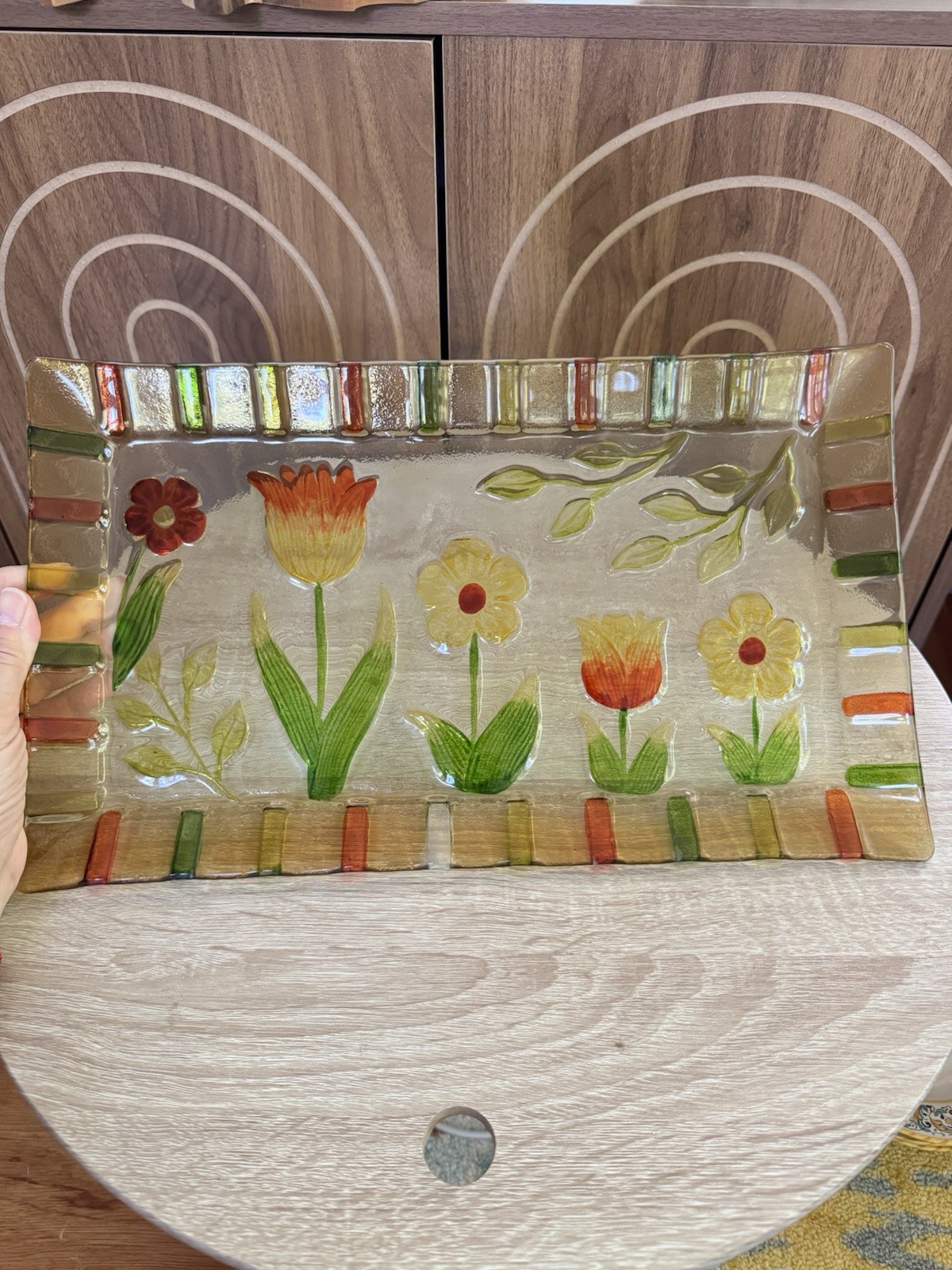Fused Art Glass Floral Tulip Rectangular Tray – Elegant Hand-Painted (?)