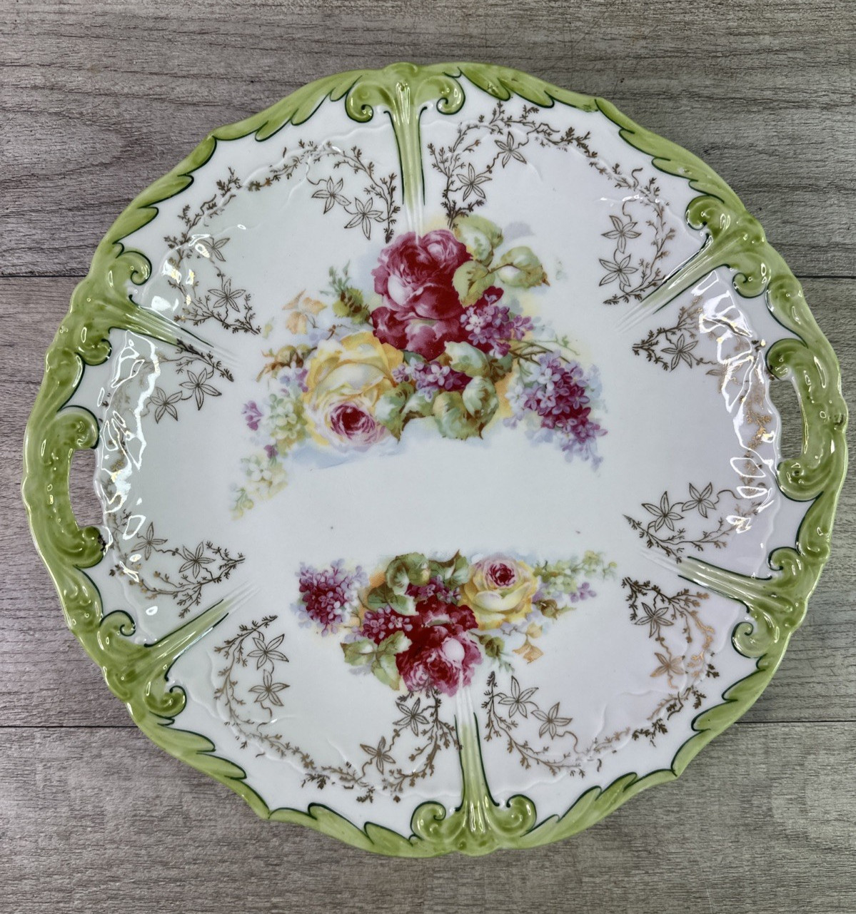 Antique 10″ Dinner Luncheon Plate Yellow & Red Roses Gold Accents