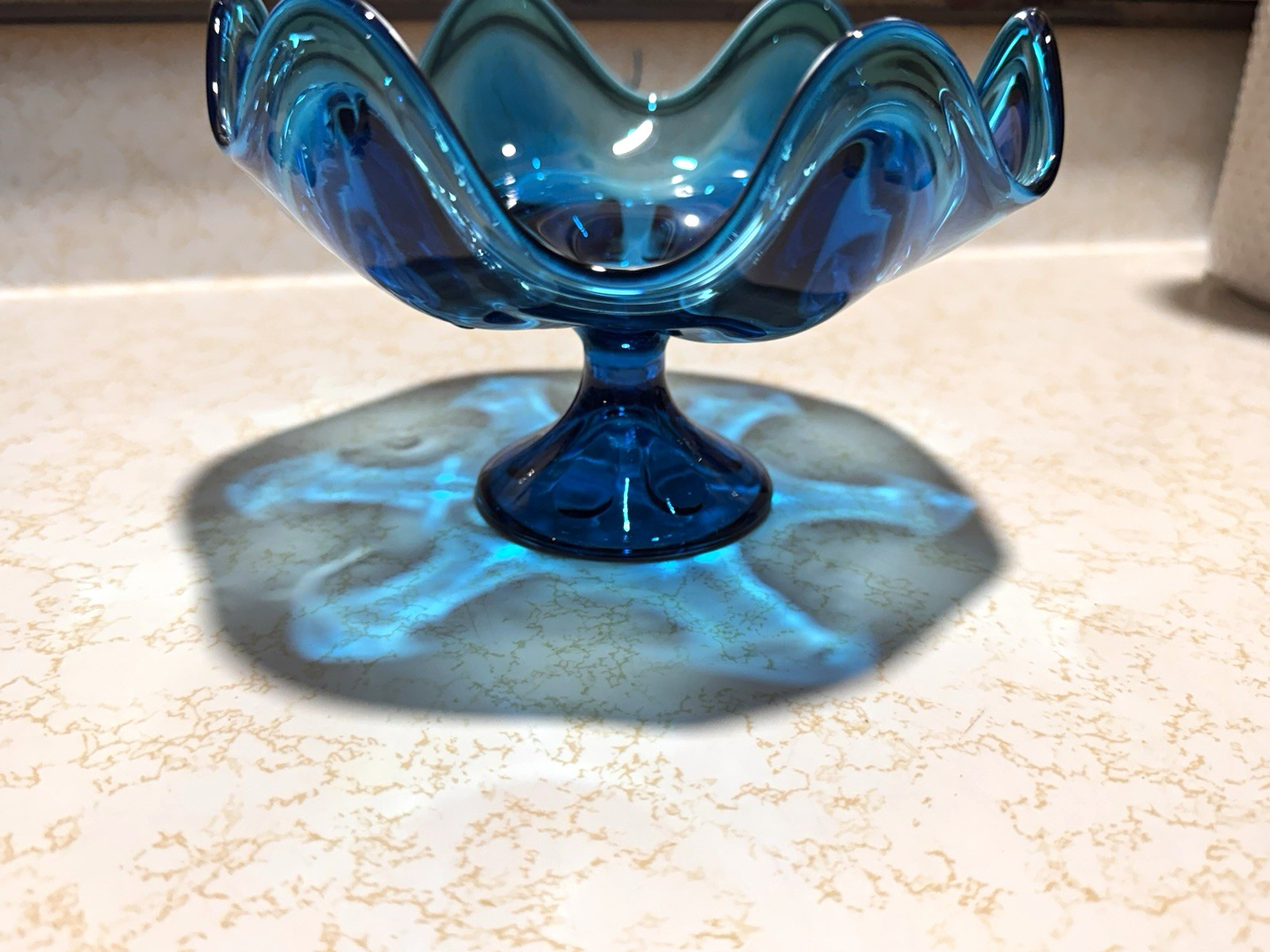 Vtg Viking Glass Bluenique Epic 6 Petal Compote Pedestal Bowl MCM