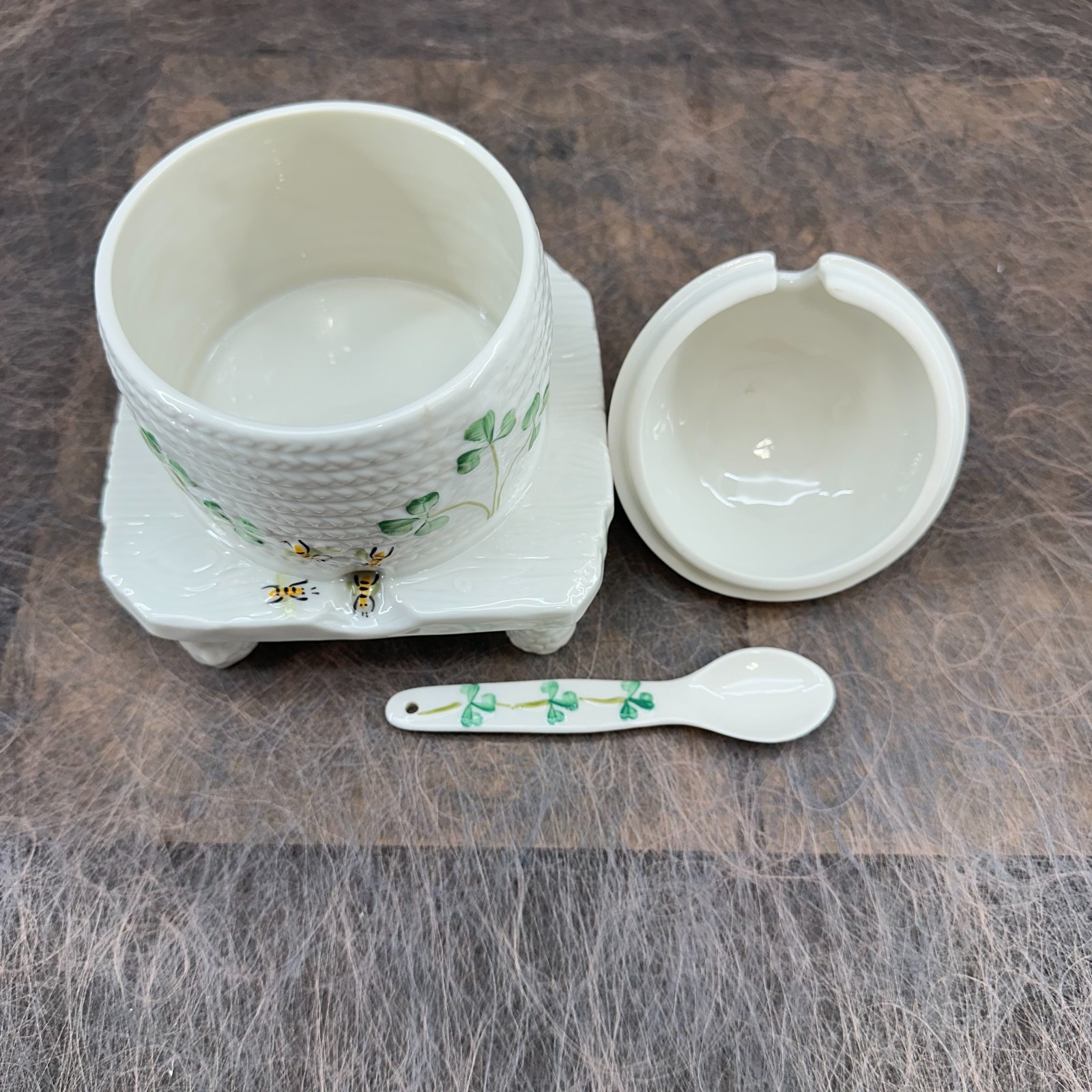 Belleek Honey Pot Jar with Spoon; Basketweave, Shamrocks, Bees