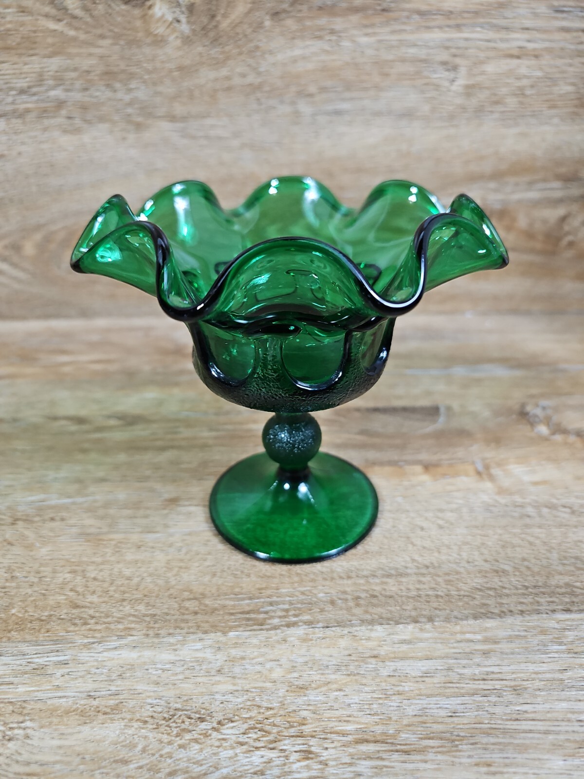 Viking Dark Green Glass Handkerchief Ruffle Top Candy Dish Compote Pedestal VTG