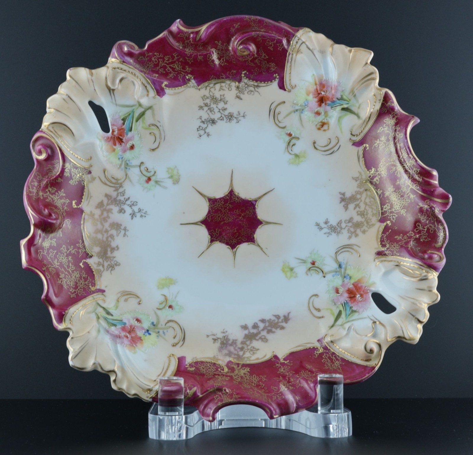 Antique Old Vienna Germany 11” Cake Plate Hand Painted Floral Gold Burgundy