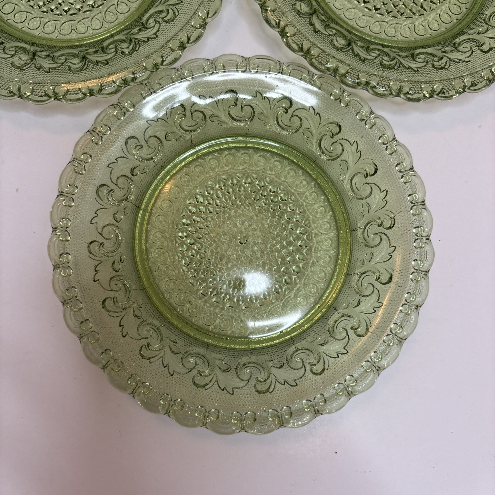 Set of 5 Ivima Portugal Scroll Pattern Green Glass 6.25 in Plates EUC