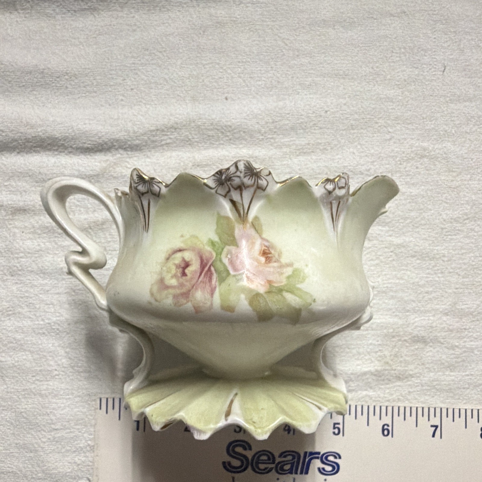 Porcelain Floral Creamer Pitcher White Pink Green Blue Glossy Gold Trim Handle