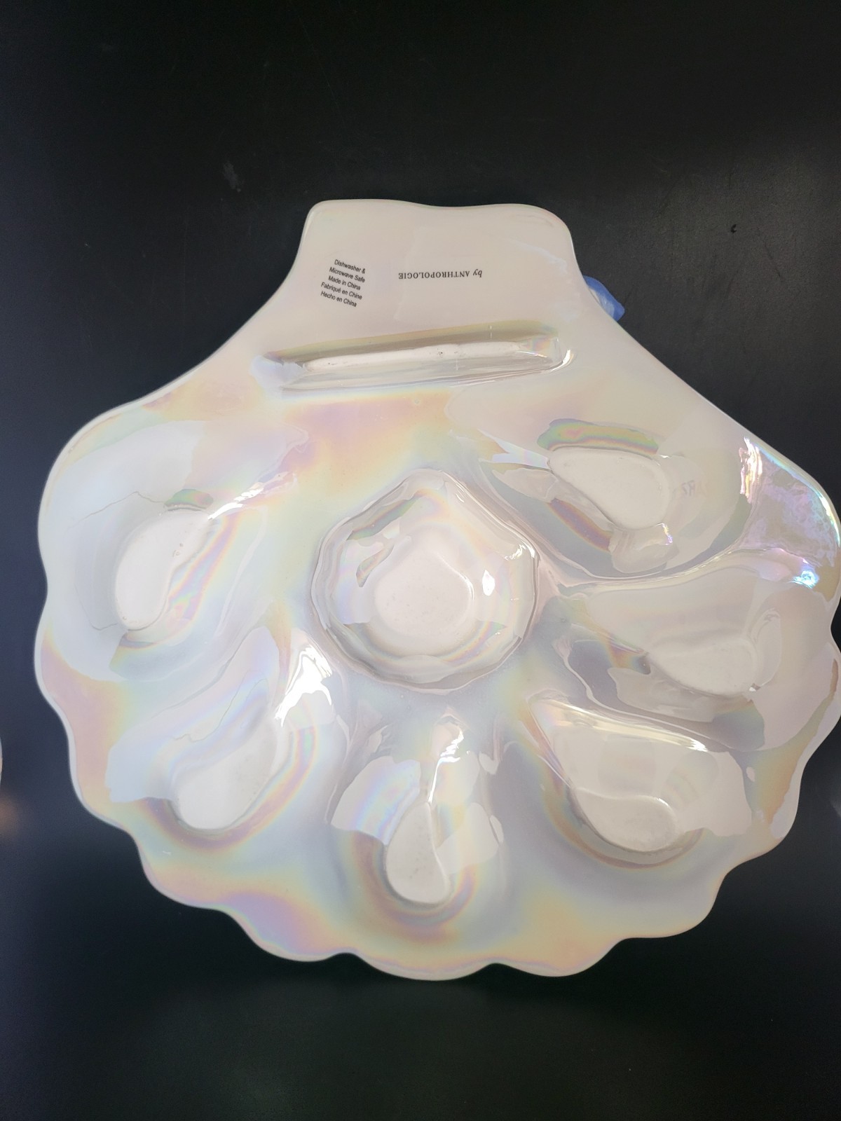 Iridescent Ceramic Oyster Plate with 3D Dimensional Flowers One Plate