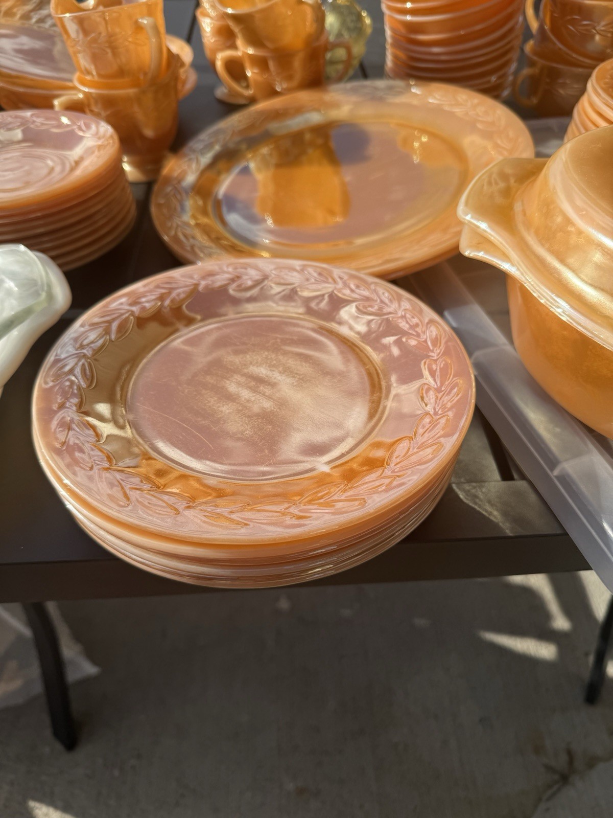 Marigold Carnival Glass Leaf Dinner Set Iridescent Cups Saucers Plates Bowls
