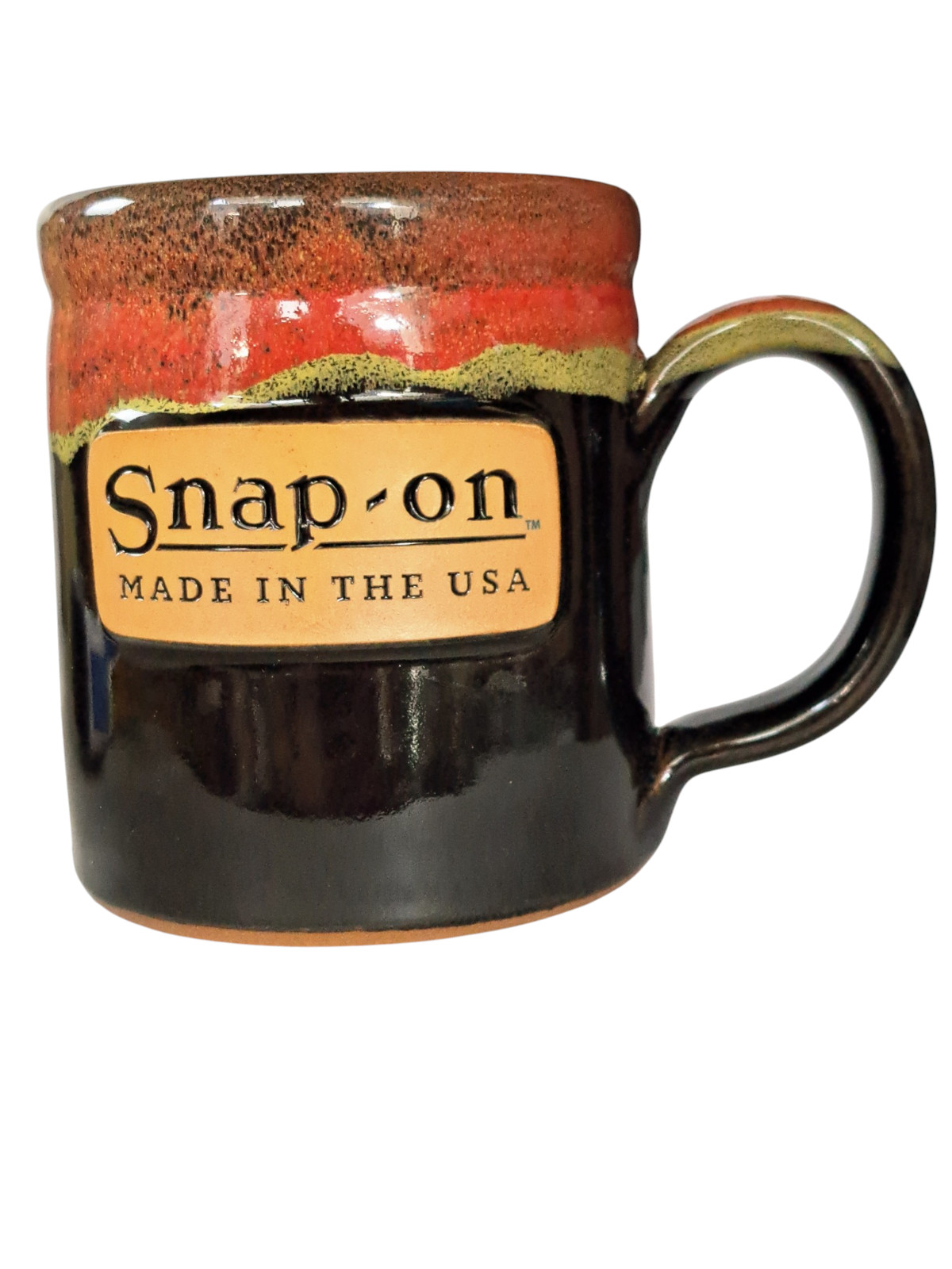 Snap-On Deneen Pottery Handmade Ceramic Coffee Mug 16 oz Red Drip Glaze USA