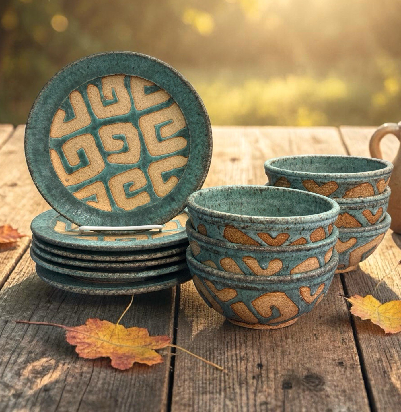 Hand Thrown Studio Pottery Rustic Soup Bowls & Plates Set of 12 Turquoise Sand