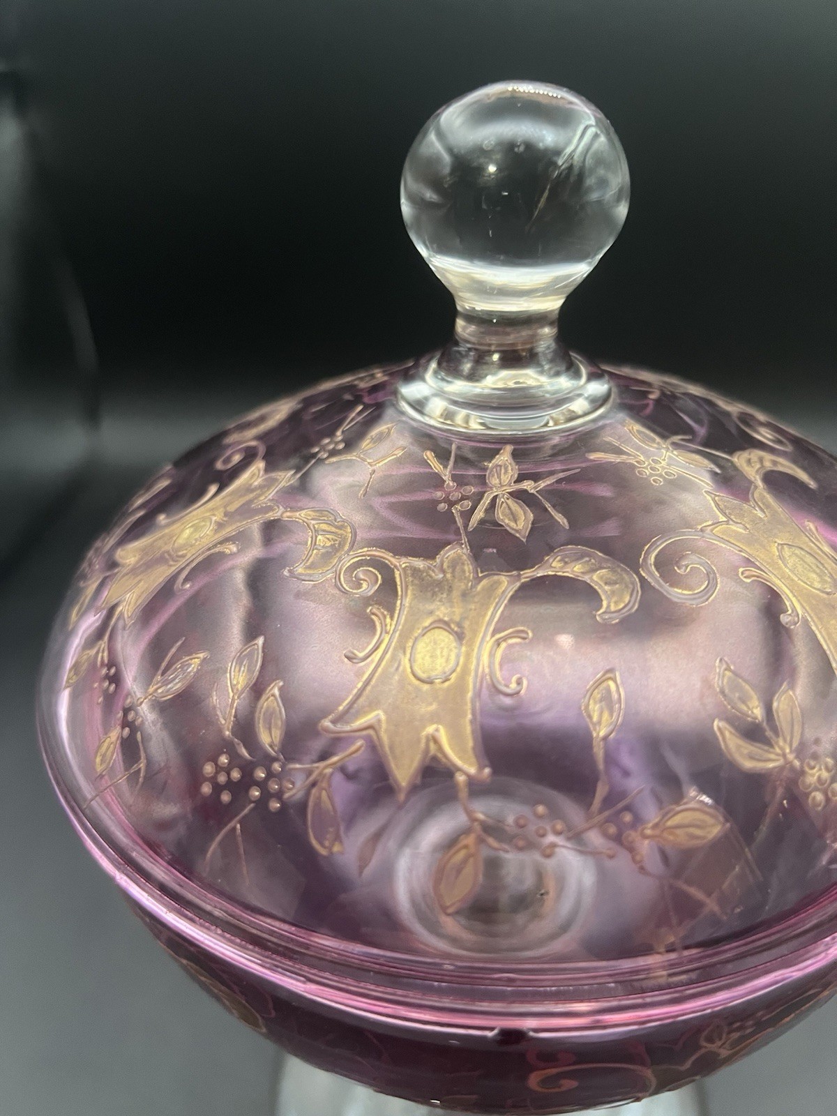 Cranberry Glass Candy Dish Bohemian Czech Lidded Pedestal Gold Details Vintage