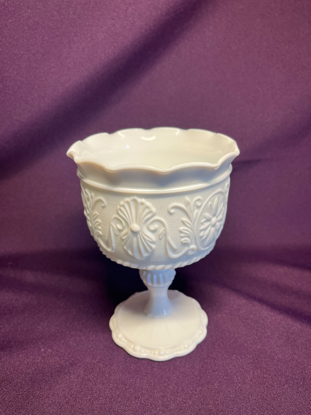 Vintage Indiana Glass Milk Glass Compote Pedestal Bowl in Harvest Grape Pattern