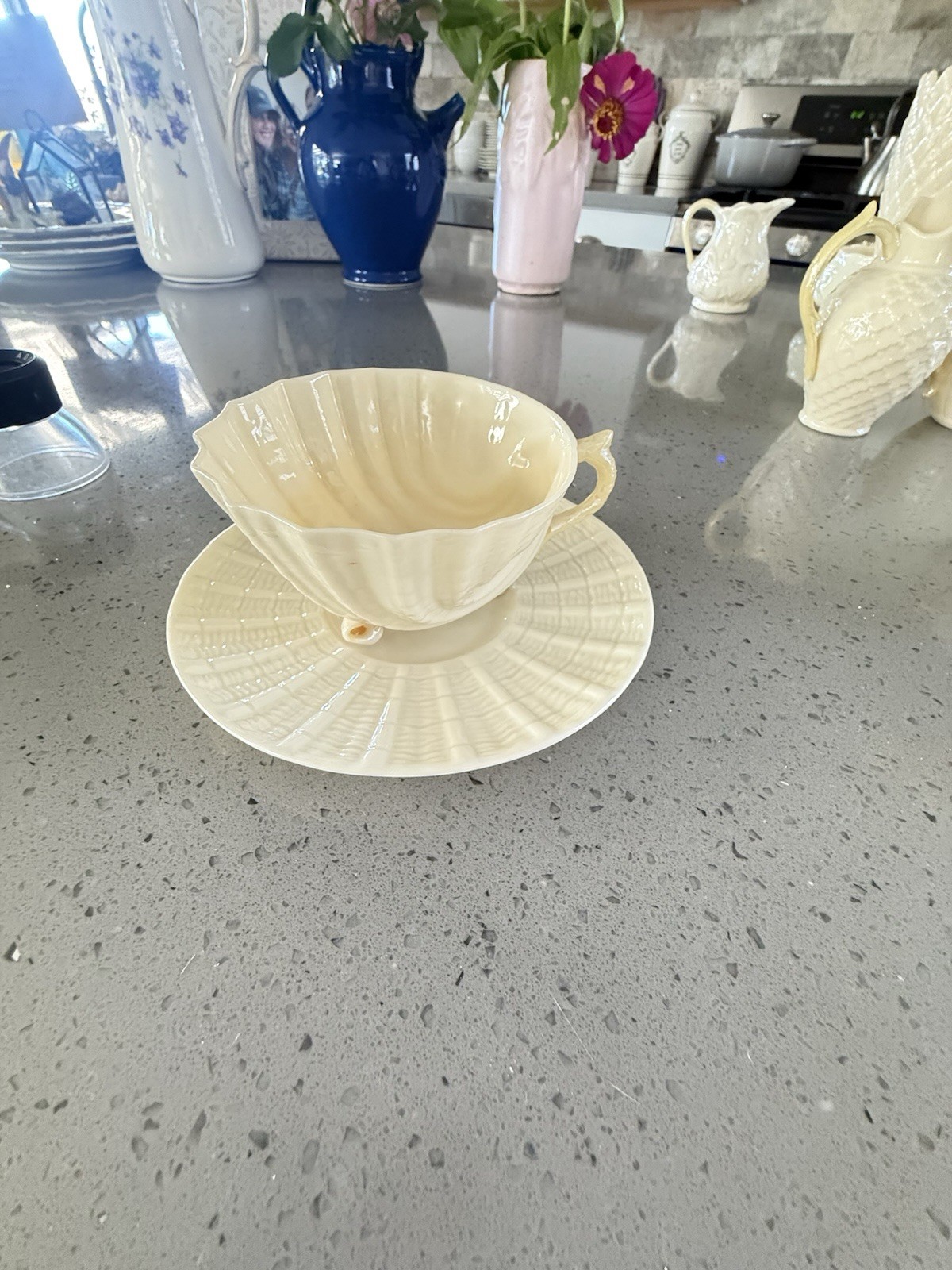 Belleek Ireland Neptune yellow Shell Cup and Saucer vintage 6th Gen green mark