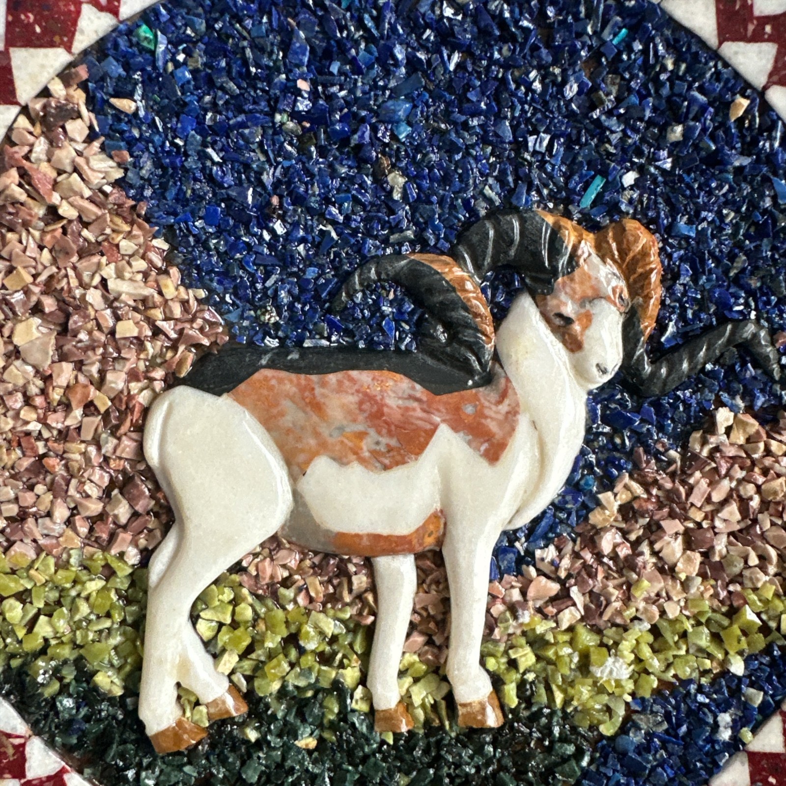 Handmade Lapis Lazuli & Marble Ram Plate | Afghan Stone Mosaic| 12″ Round Inlay