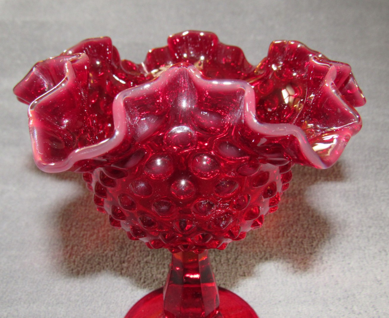 ​Vintage FENTON Ruby Red Hobnail Glass Ruffled Compote Candy Dish Pedestal 6″
