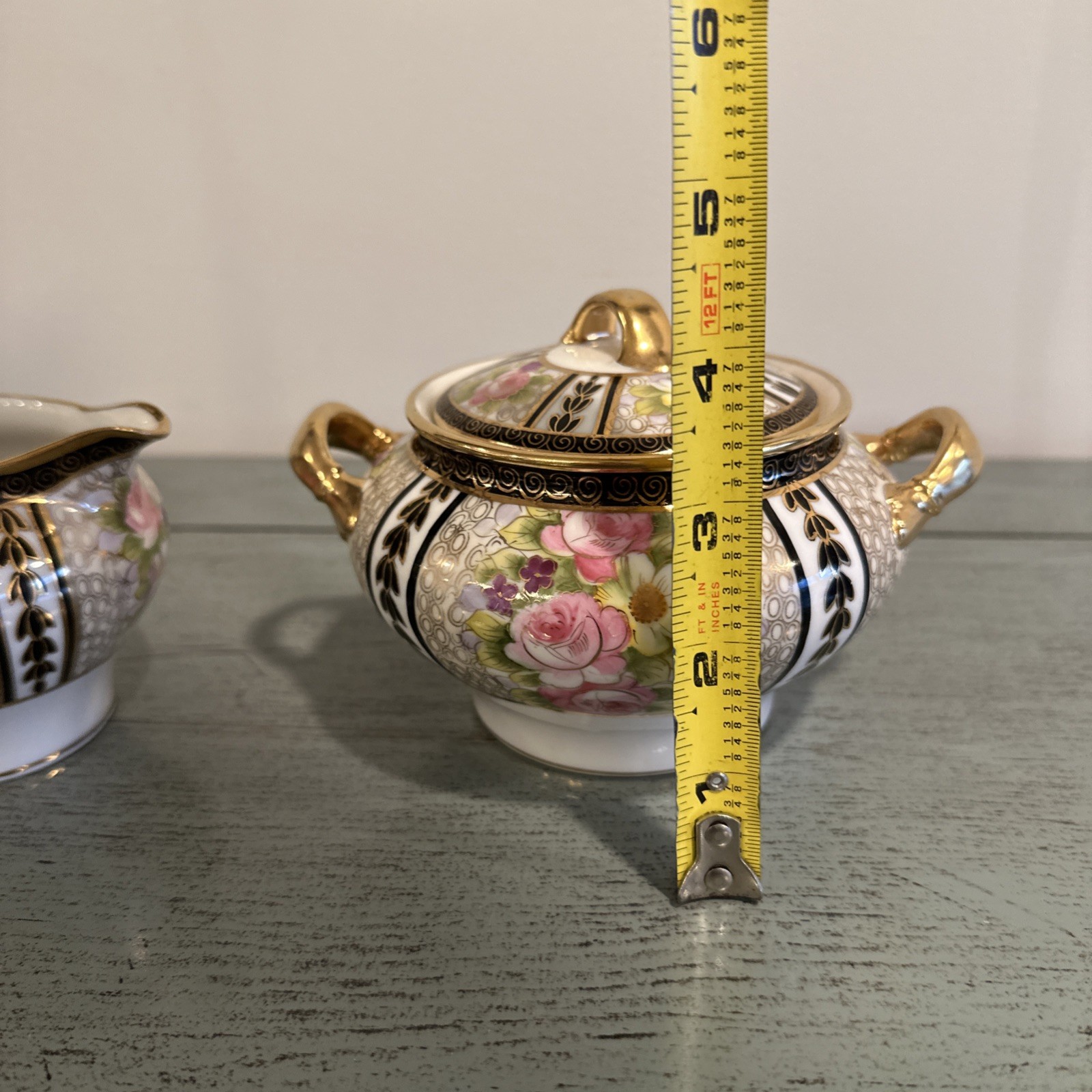 Antique Japan NIPPON Hand Painted Gold Creamer and Sugar Bowl W/ Lid
